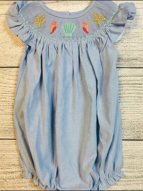 Light Blue Toddler Girls' Shell-Embroidered Ruffle Bubble Romper